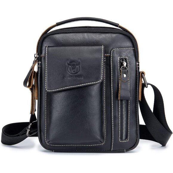 Men's Black Leather Messenger Handbag Lightweight Sling Crossbody Bag - Picture 1 of 7